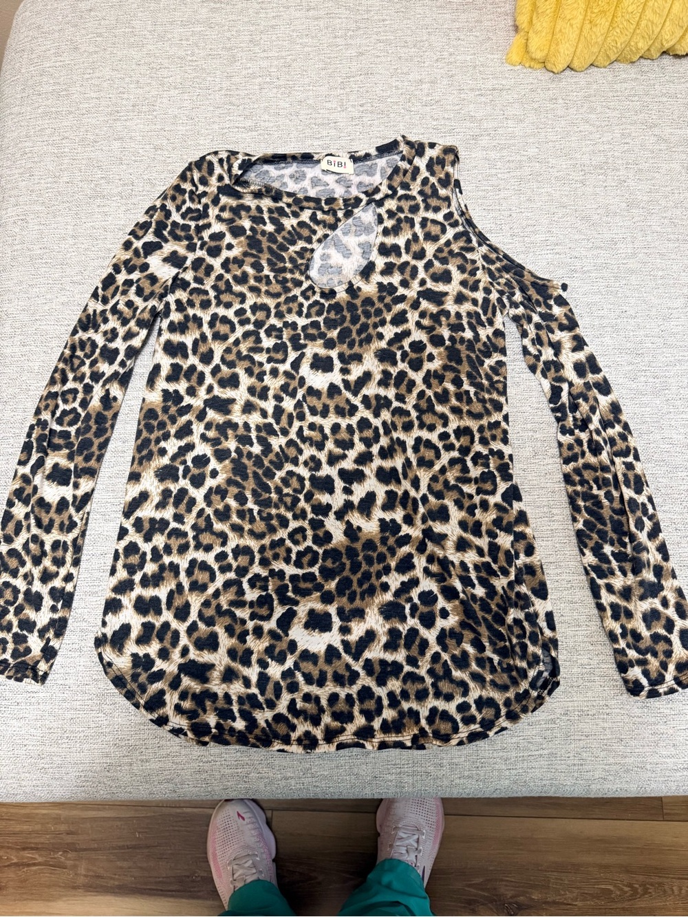 BiBi Leopard Cold-Shoulder Long Sleeve Top - Tan & Black
